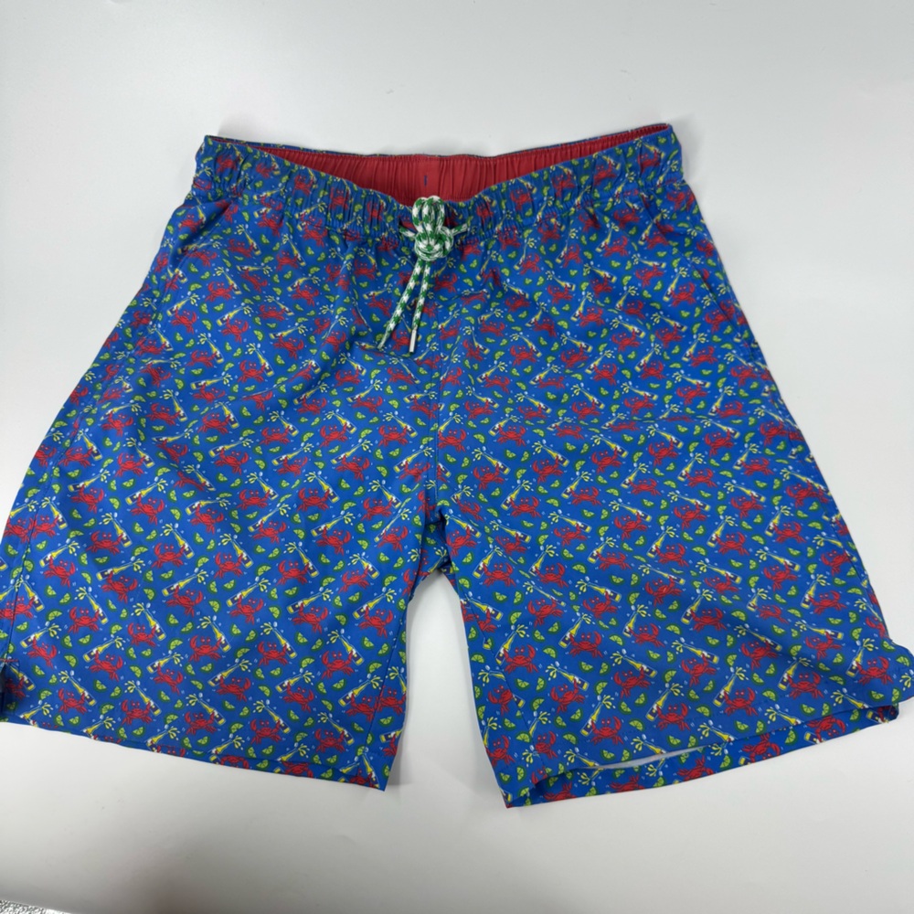 Men's Skiff Dogs Swim Wear Blue Swim Trunks with Red and Green‎ Pattern